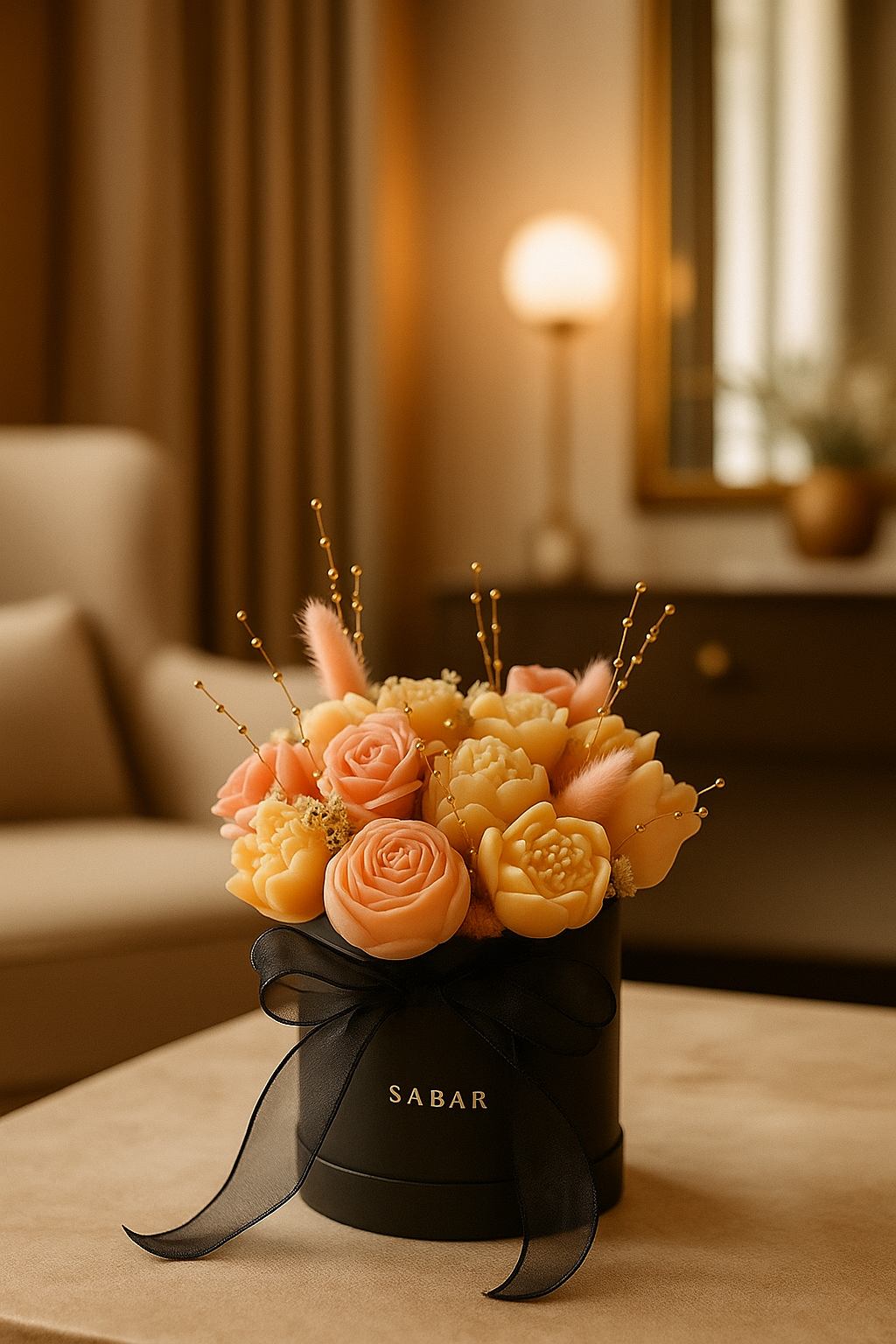 Bouquet de fleurs roses et orange dans une boite ronde et noire de la marque Sabar posé sur une table dans un salon lumineux 