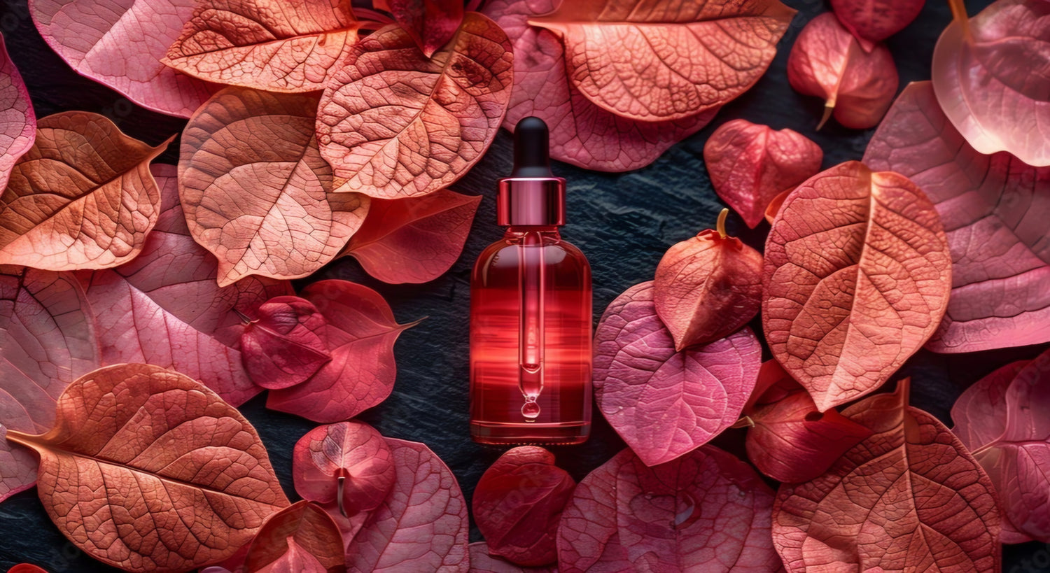 Image représentant un flacon ompte goutte entouré de feuilles roses rouges et mauves 