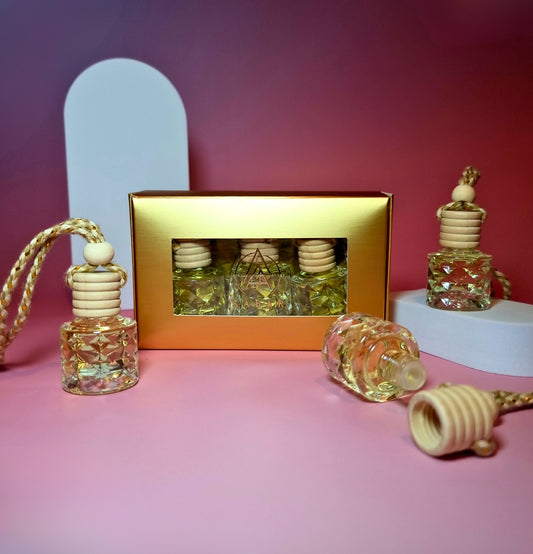 Escapade à Saly : Coffret de 3 diffuseurs de parfum pour voiture. 3 x 8ml